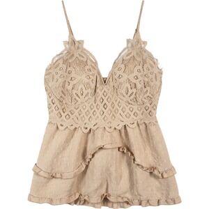 Rue+ Lace Overlay Smocked Babydoll Cami Tank Women 3X Beige Boho Flowy Ruffle
